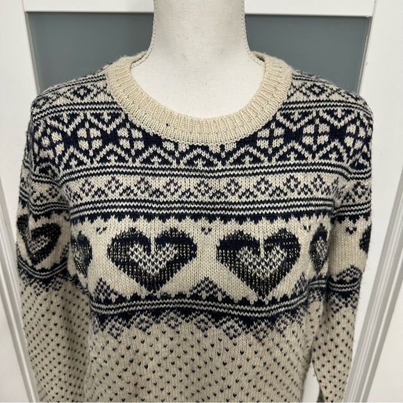Superdry Fairisle Heart Knit Pullover Sweater Beige/Blue SZ XL Wool Blend - Picture 3 of 10